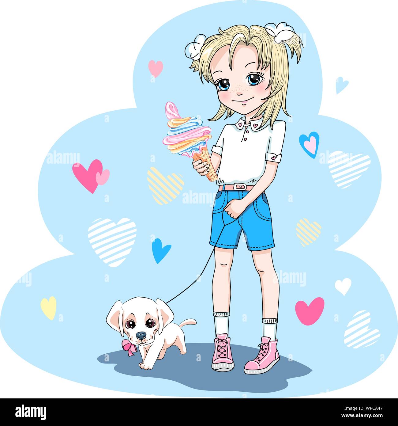 Carino bambina con cucciolo Illustrazione Vettoriale