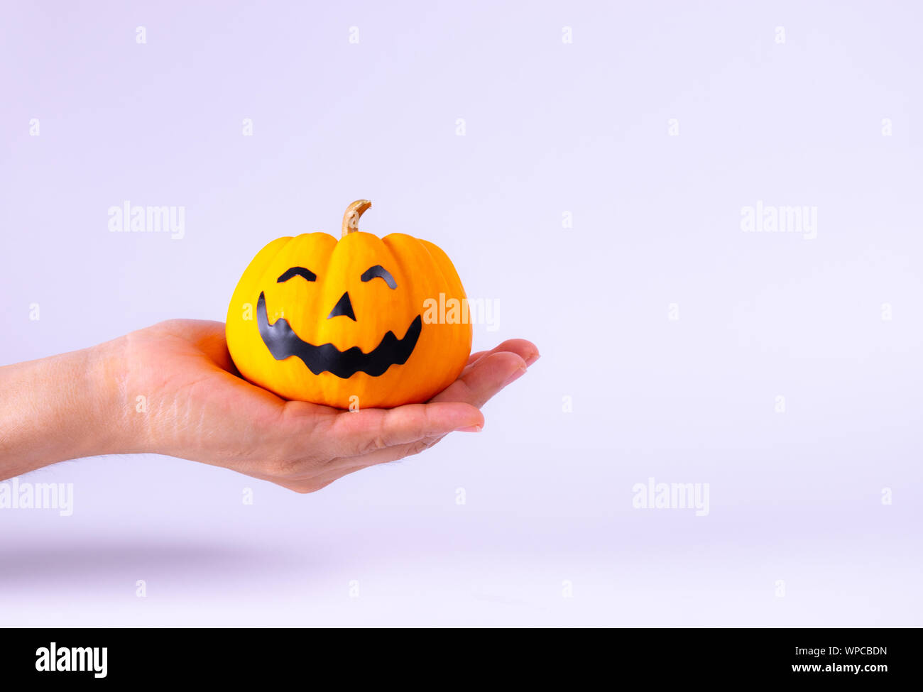 Concetto di Halloween. Donna mano azienda orange zucche oltre il libro bianco sullo sfondo. Foto Stock