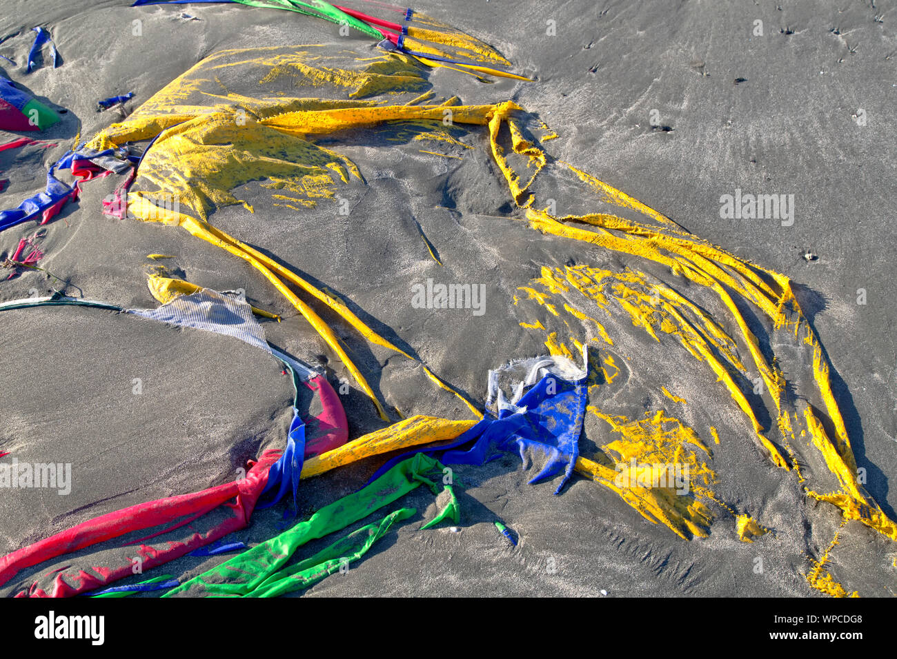 Marea depositato in poliestere colorato tenda lungo la spiaggia costiera. bassa marea. Foto Stock