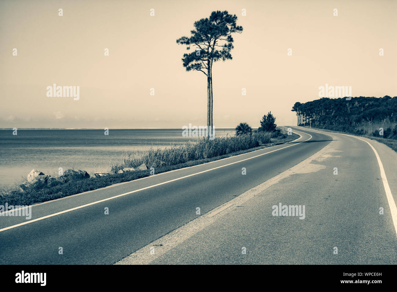 Una bella unità costiere sul Big Bend Scenic Byway il sentiero costiero, US Hwy 98 in Northwest Fl, vicino Eastpoint, FL, Stati Uniti d'America, in tono di selenio Foto Stock