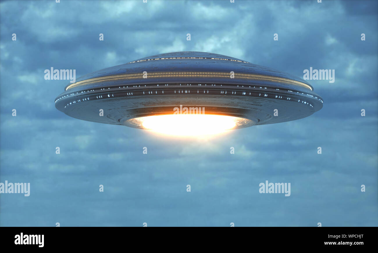 Oggetto Volante non Identificato - UFO. Fantascienza il concetto di immagine di ufologia e di vita al di fuori del pianeta Terra. 3D'illustrazione. Foto Stock