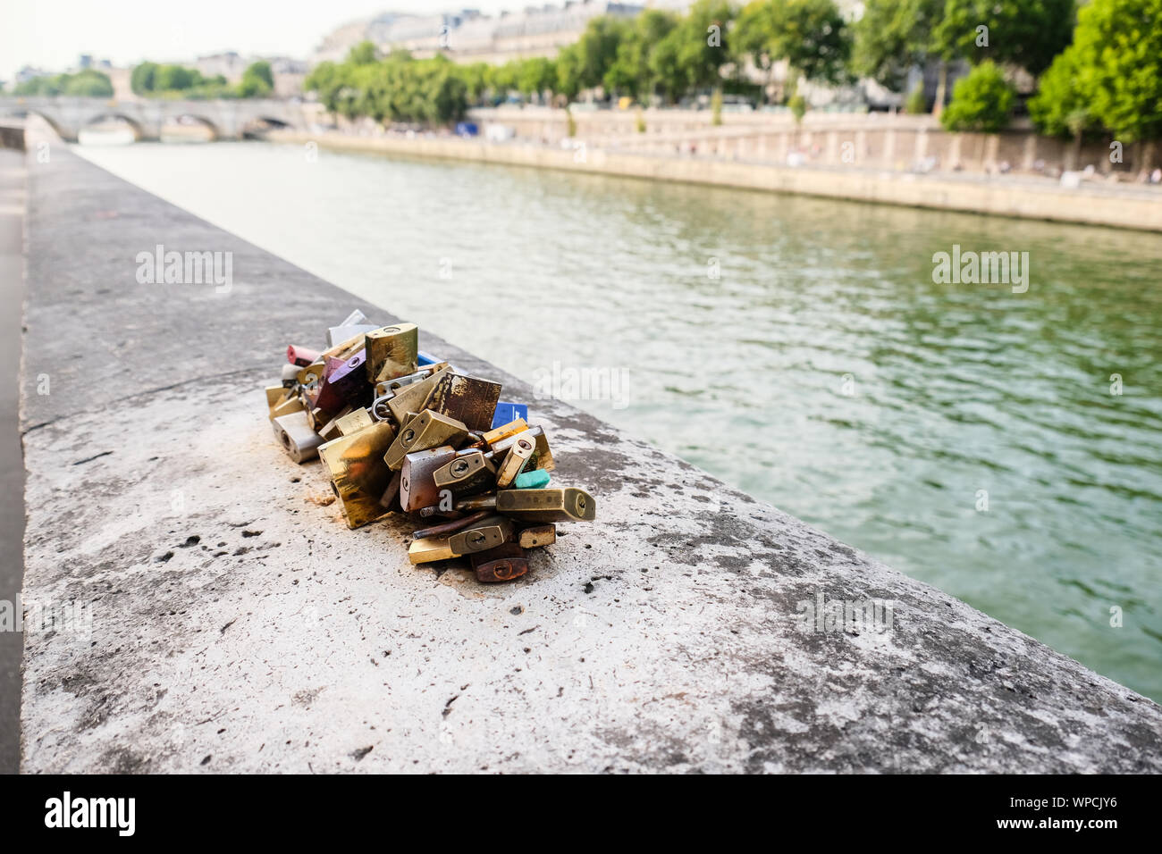 Cluster di lucchetti bloccati insieme sulla riva del fiume Senna a Parigi Foto Stock