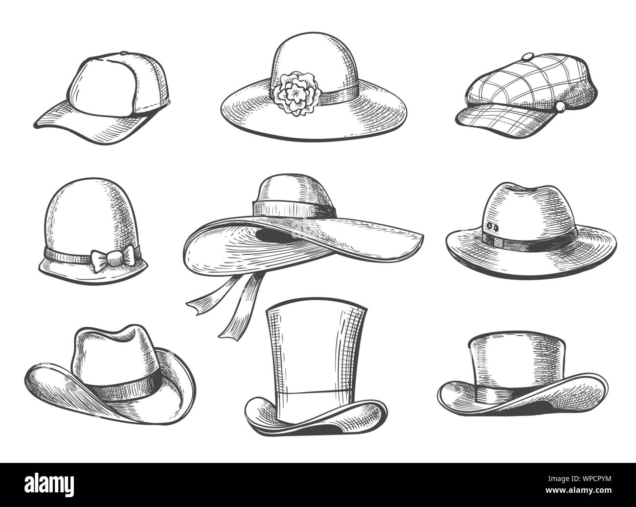 Cappelli disegna la grafica. Disegnata a mano cappelli, cap immagini  isolate su sfondo bianco, scarabocchio di acconciatura di vettore per  signore e signori Immagine e Vettoriale - Alamy