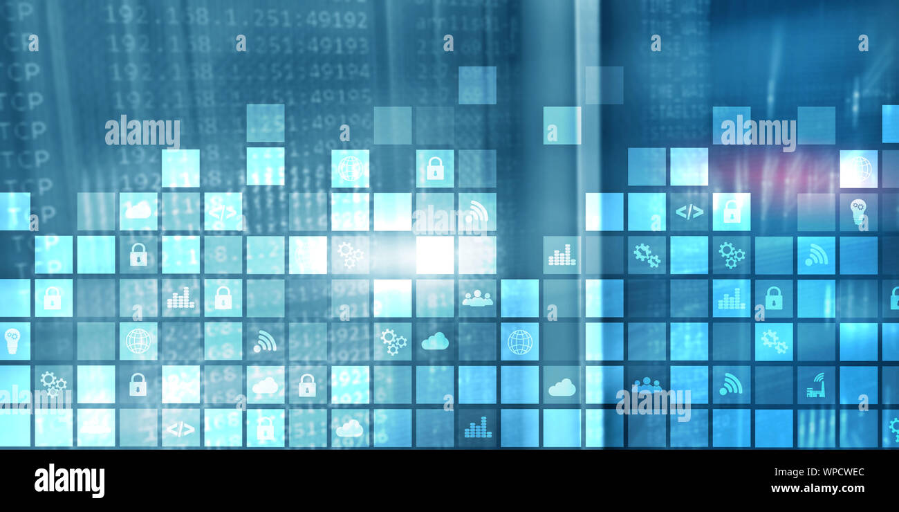 Abstract digitali pixel di sfondo icone sfocate moderna sala server. La tecnologia di telecomunicazione internet Iot di cosa concetto. Foto Stock