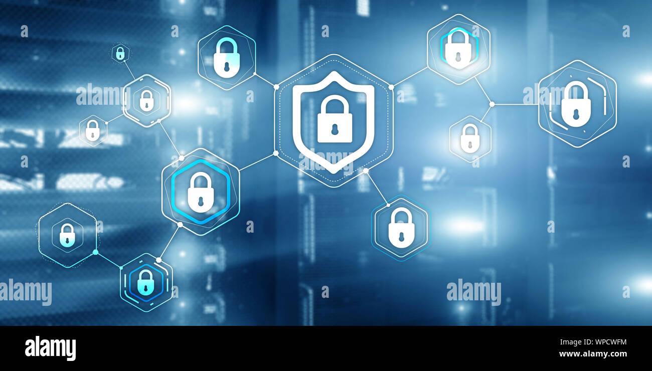 Cyber security protezione dei dati Protezione dei dati il concetto di privacy di offuscata sala server sfondo. Foto Stock