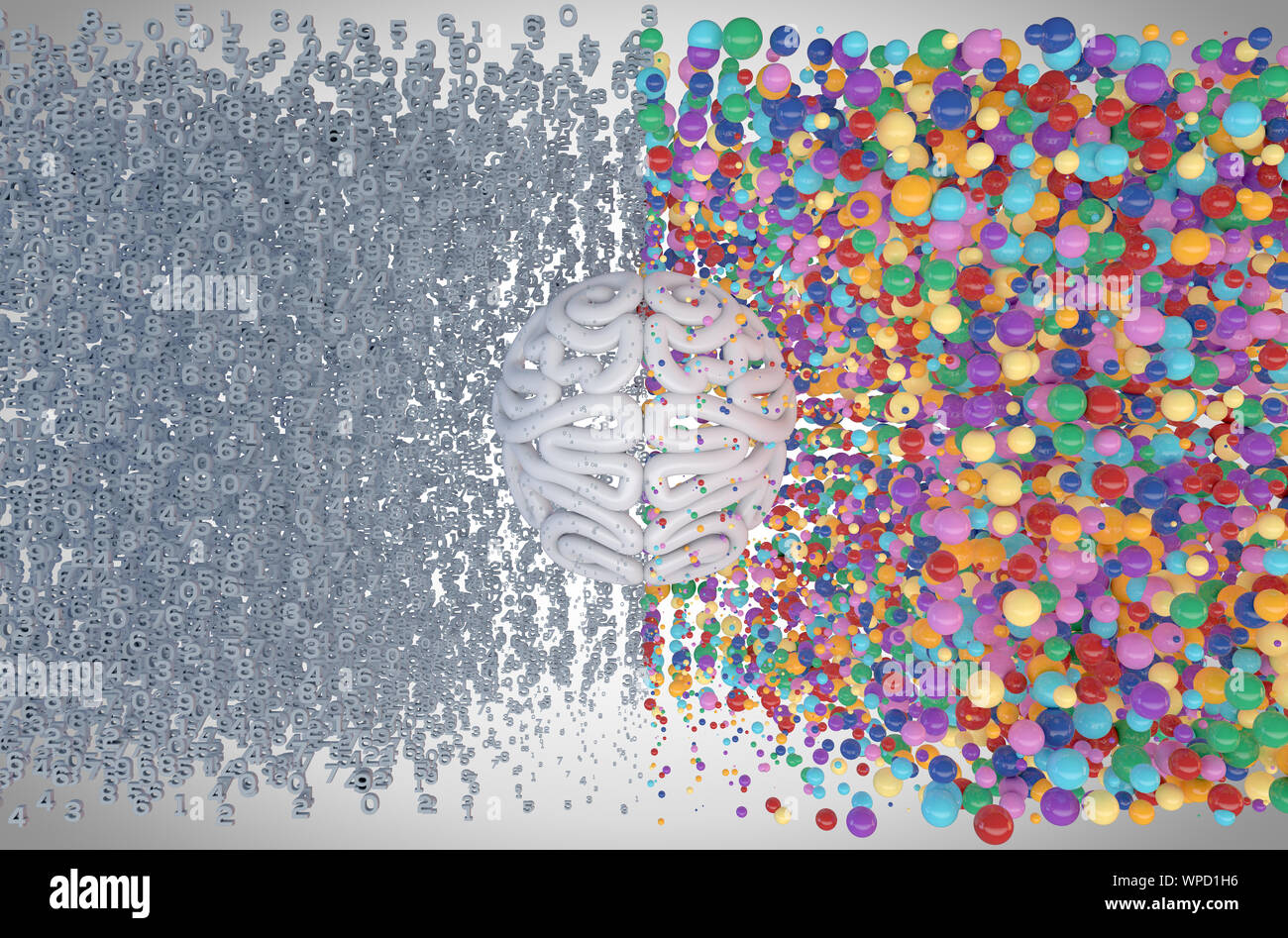 Un cervello stilizzato con il lato sinistro raffigurante un analitico, strutturato e mente logica, e il lato destro raffigurante una sparsi, creative e colore Foto Stock