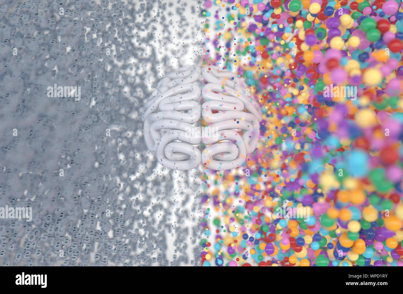 Un cervello stilizzato con il lato sinistro raffigurante un analitico, strutturato e mente logica, e il lato destro raffigurante una sparsi, creative e colore Foto Stock