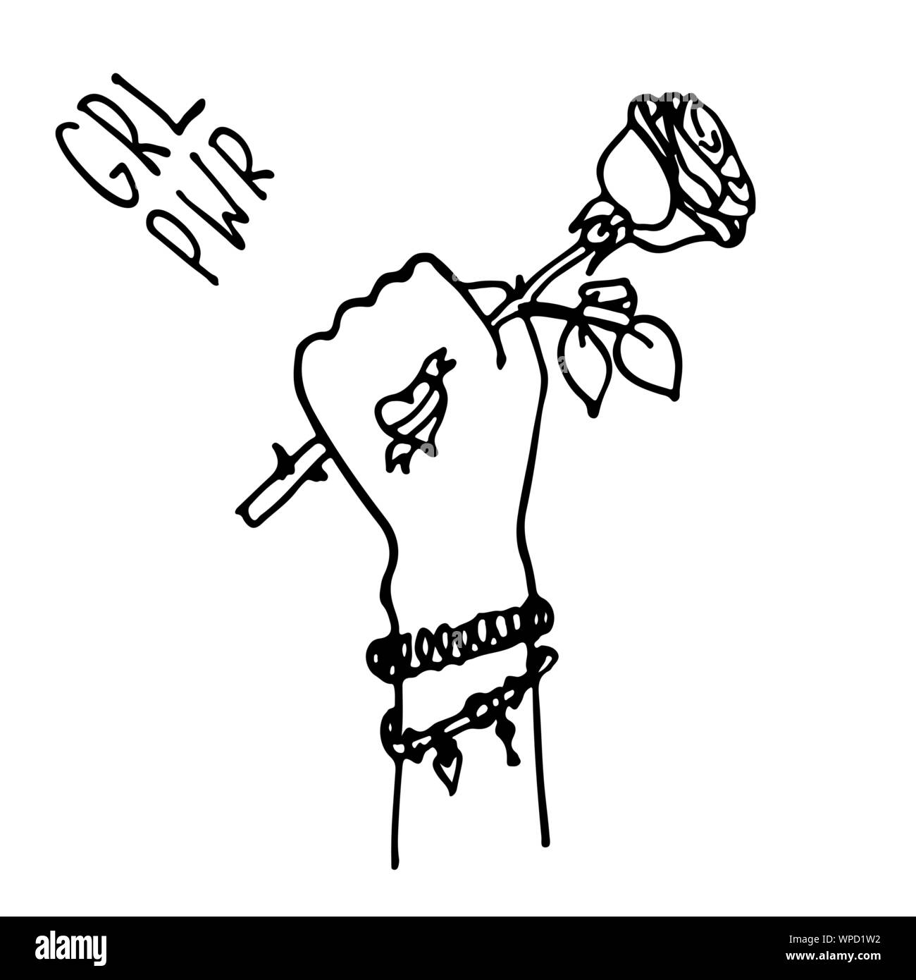 Girly simbolo femminista con mano e rose. Girl power tipografia. Femmina simbolo motivazione in