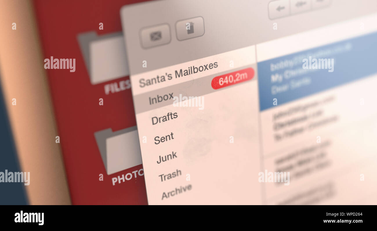 Un concetto che mostra di milioni di bambini non letta la lista dei desideri di e-mail ricevuta in santa clausole alla casella di posta in arrivo - 3D render Foto Stock