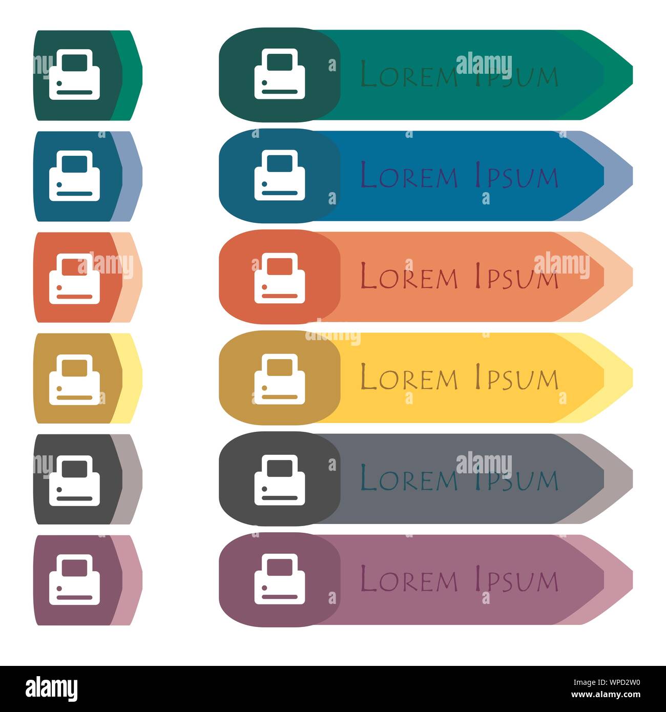 Icona di stampa segno. Set di colorate e luminose lungo i pulsanti con ulteriori moduli di piccole dimensioni. Design piatto Illustrazione Vettoriale