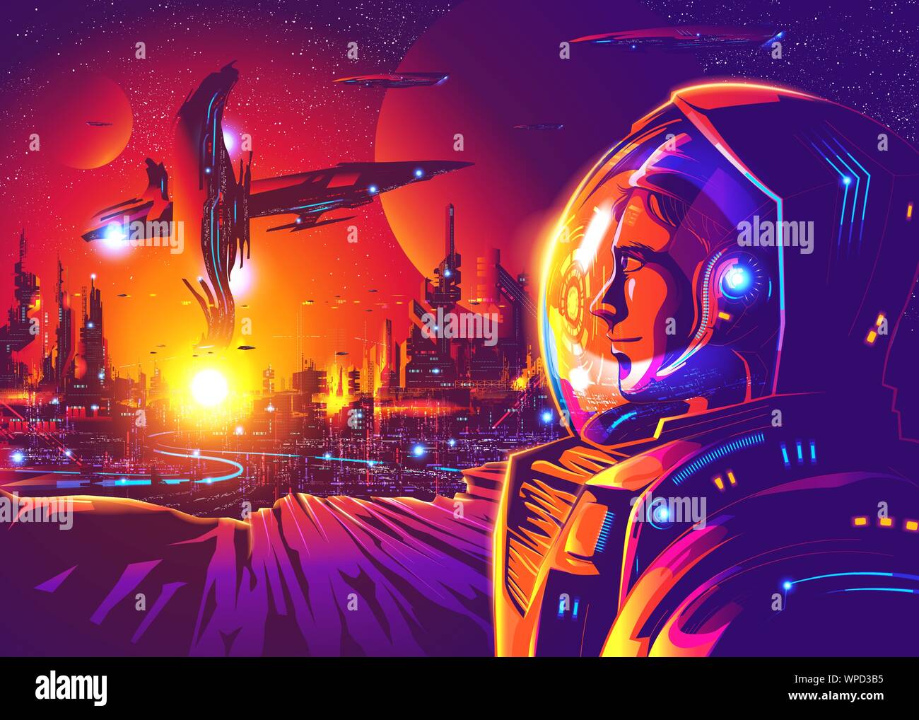 Una illustrazione di sci-fi scena, astronauta flotta sono esplorare su un lontano pianeta nell'universo. Spaceman mining o facendo sperimentare geologica Illustrazione Vettoriale