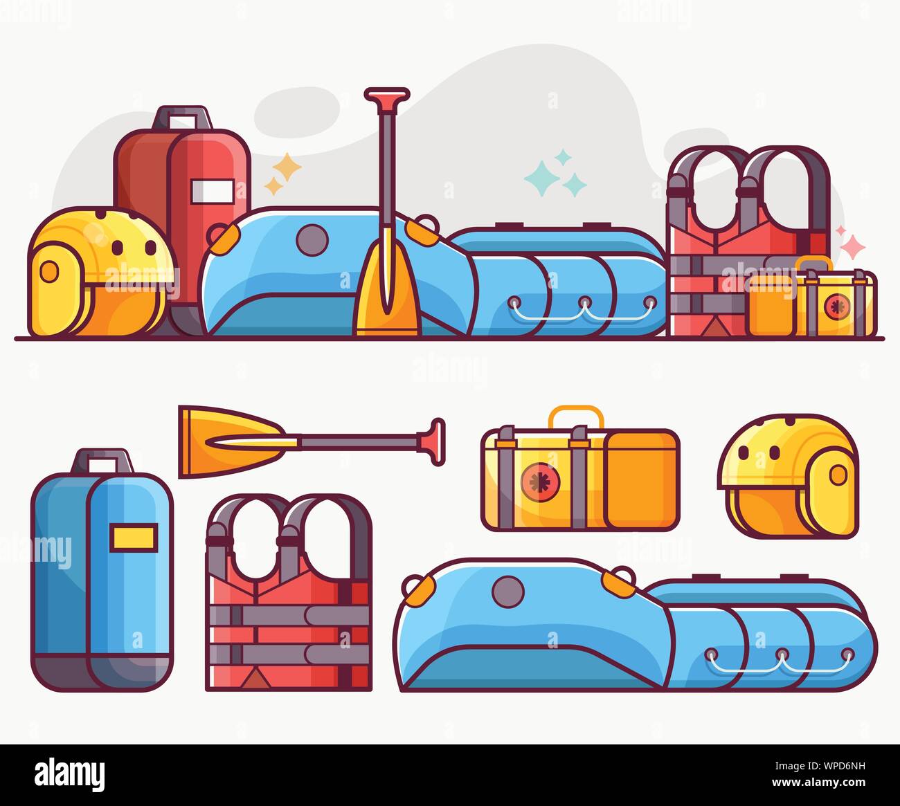 Rafting e attrezzature nautiche Line Art icone Illustrazione Vettoriale