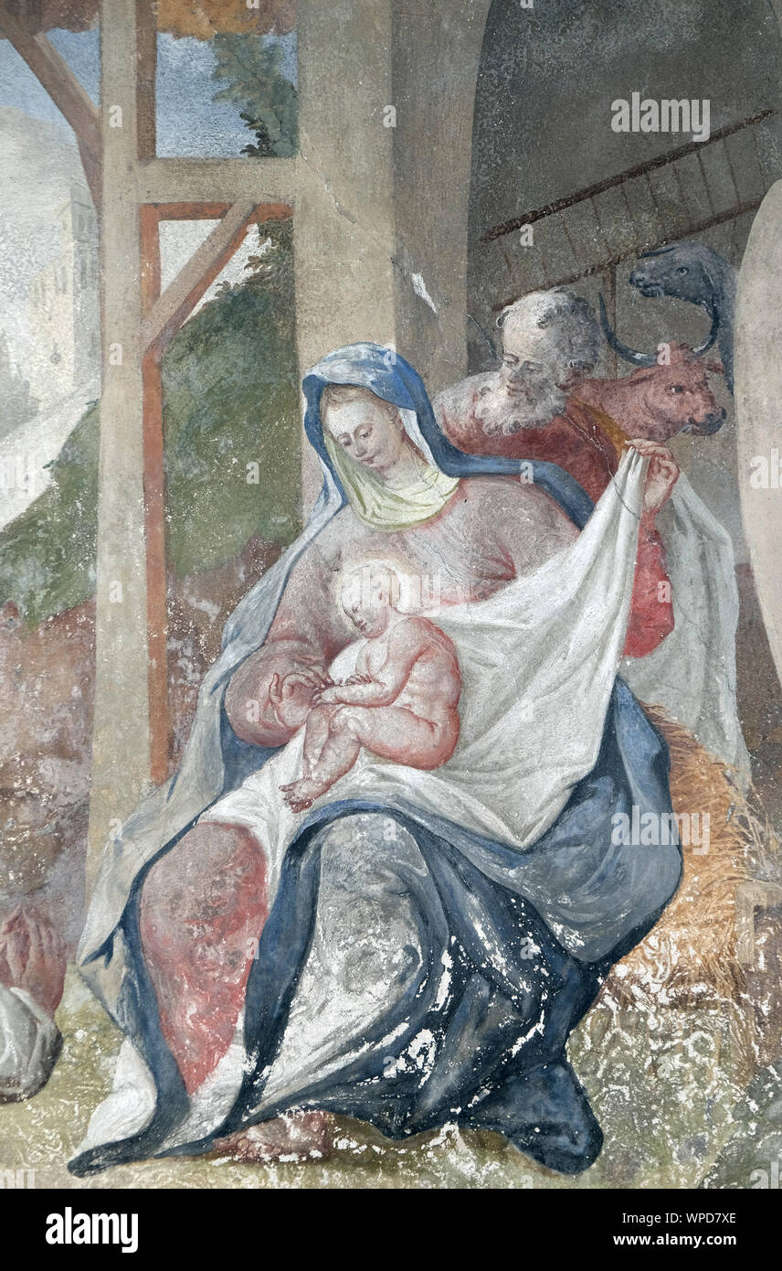 Scena della natività, la nascita di Gesù, affresco sul soffitto di San Giovanni Battista a Zagabria in Croazia Foto Stock
