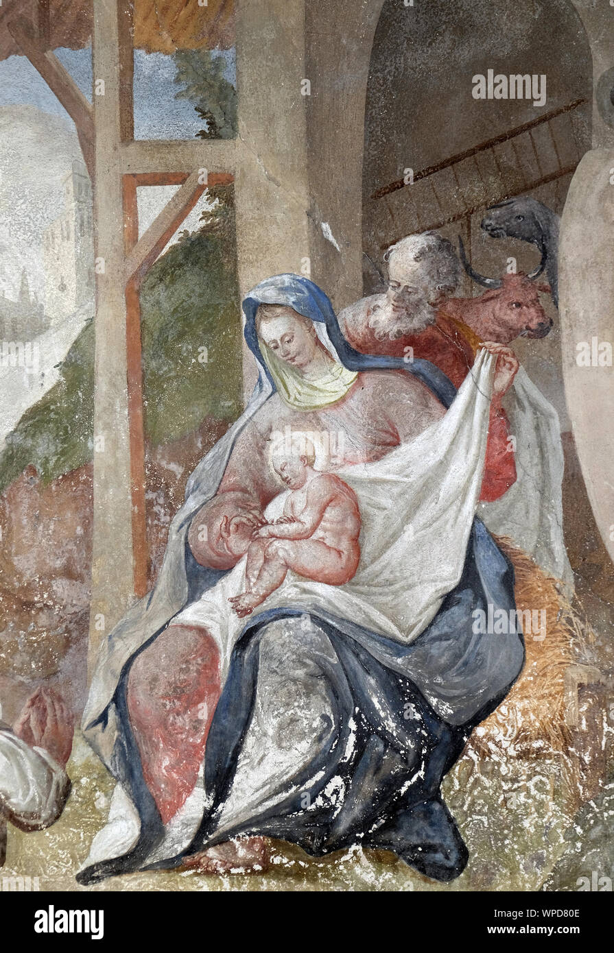 Scena della natività, la nascita di Gesù, affresco sul soffitto di San Giovanni Battista a Zagabria in Croazia Foto Stock