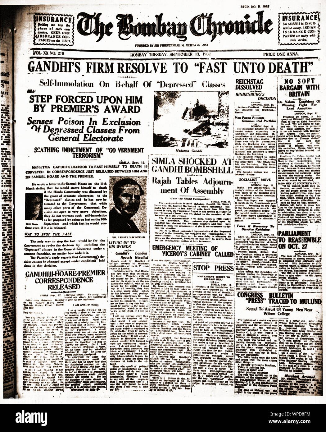 Mahatma Gandhi notizie sulla prima pagina del giornale Bombay Chronicle, India, Asia, 13 settembre 1932, vecchia immagine dell'annata 1900s Foto Stock
