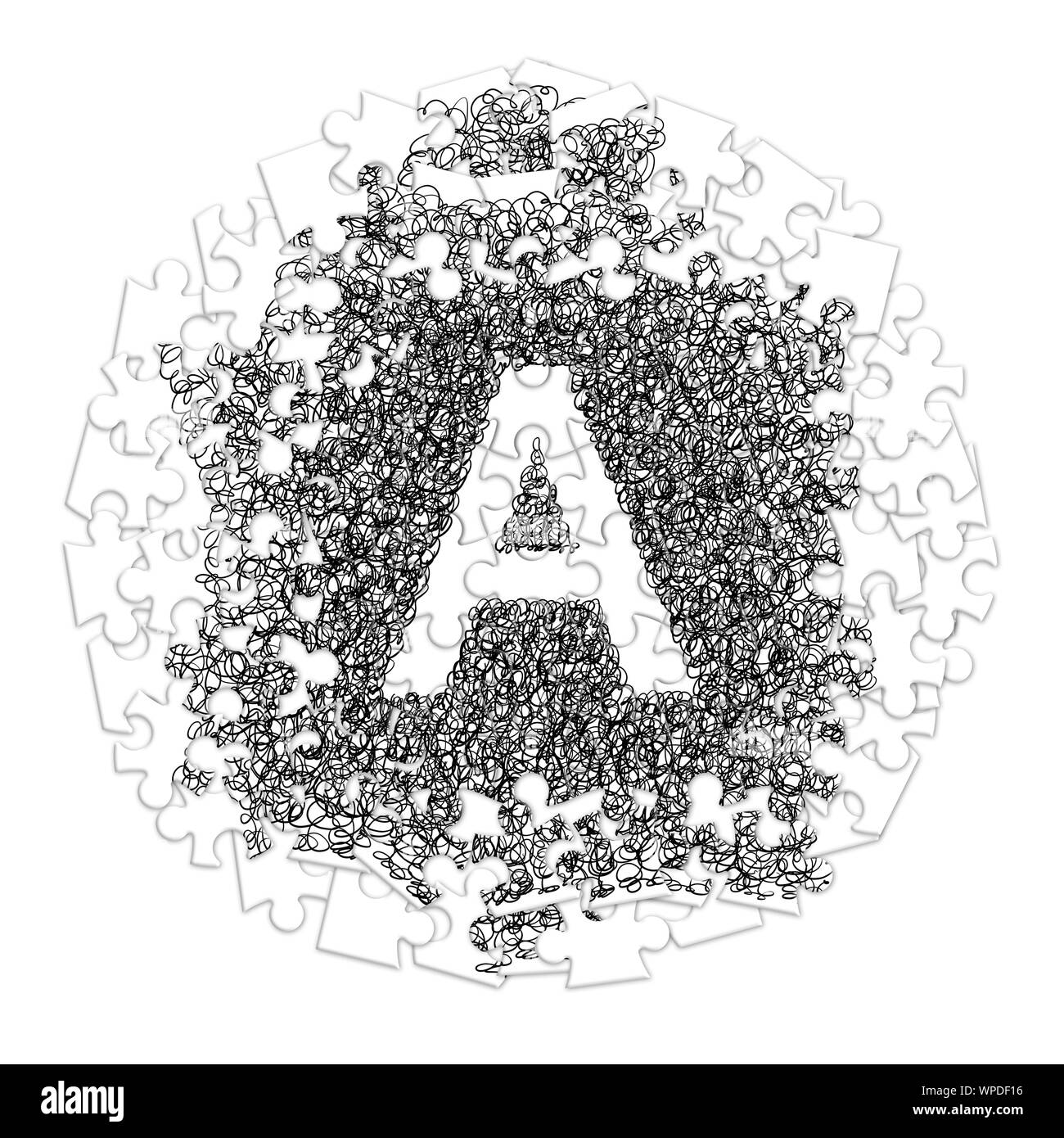 Lettera A. fatto a mano font disegnata con penna grafica su sfondo bianco in puzzle forma Foto Stock