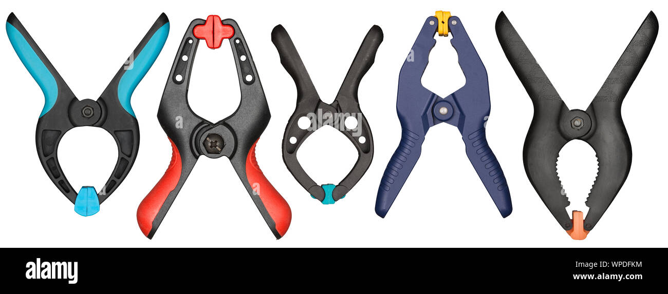 Morsetti a molla isolato su bianco Foto Stock