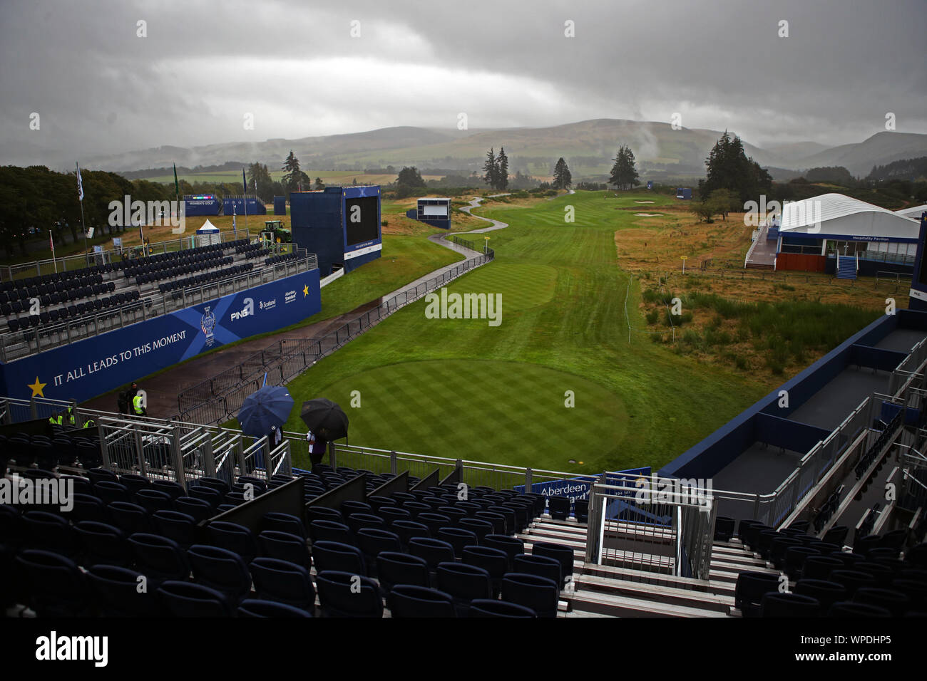 Una vista generale del 1° fairway durante l'anteprima Giorno uno del 2019 Solheim Cup a Gleneagles Golf Club, Auchterarder. Foto Stock