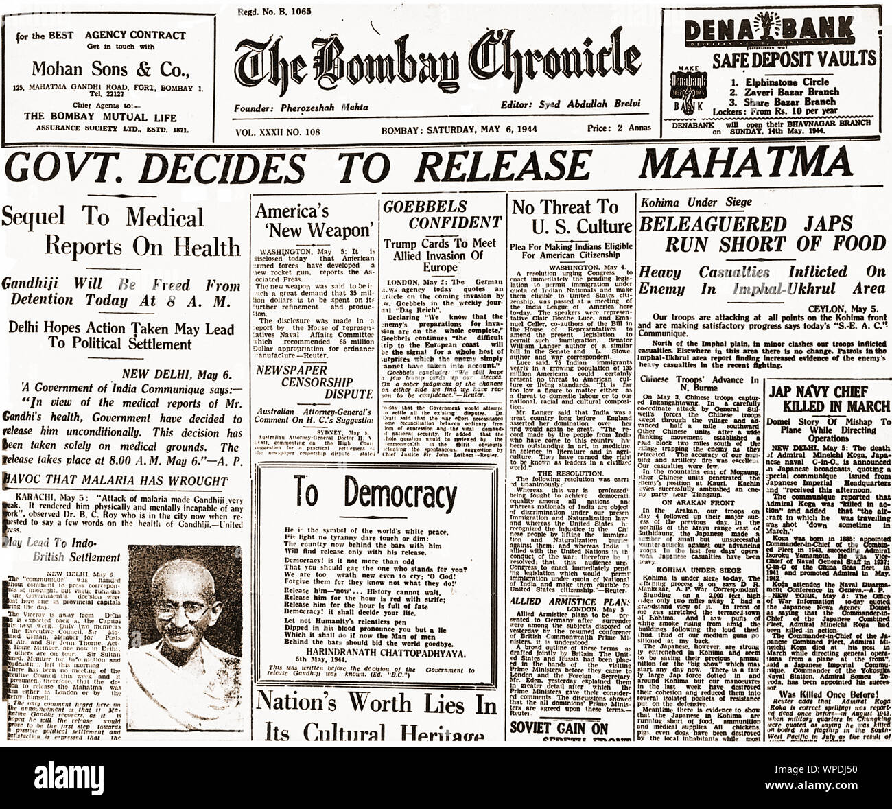 Prima pagina notizie del rilascio di Mahatma Gandhi dalla prigione nel giornale Bombay Chronicle, Bombay, Mumbai, Maharashtra, India, Asia, 6 maggio 1944, vecchia immagine vintage 1900s Foto Stock