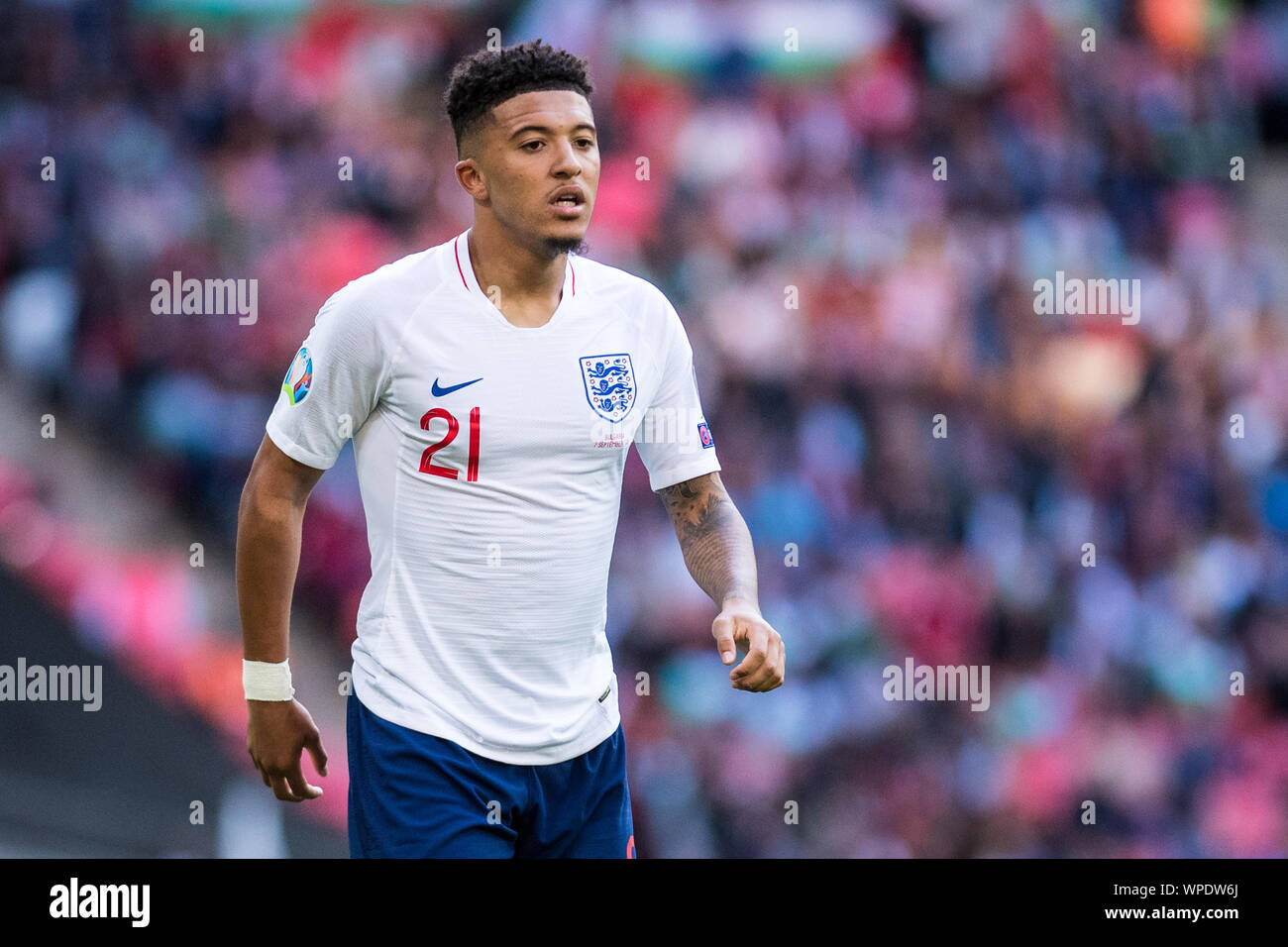Londra, Inghilterra - Settembre 07: Jadon Sancho di Inghilterra a sfera di controllo durante la UEFA Euro 2020 qualifier match tra Inghilterra e la Bulgaria allo Stadio di Wembley il 7 settembre 2019 a Londra, Inghilterra. (Foto di Sebastian Frej/MB Media) Foto Stock