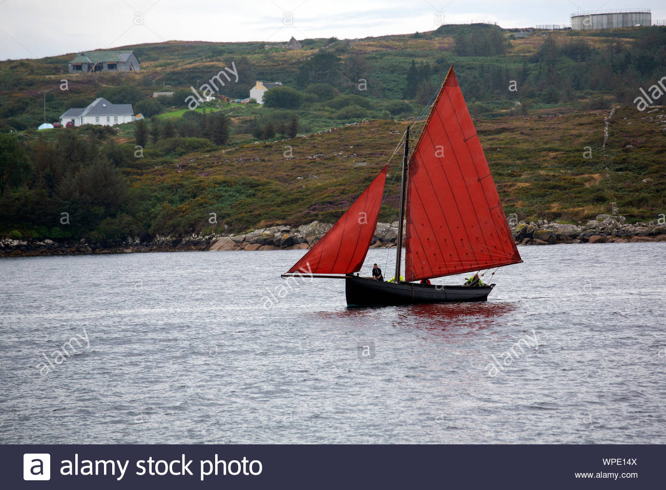 A Galway Hooker vele in acque poco profonde in prossimità del Connemara Coast nell' Irlanda occidentale Foto Stock