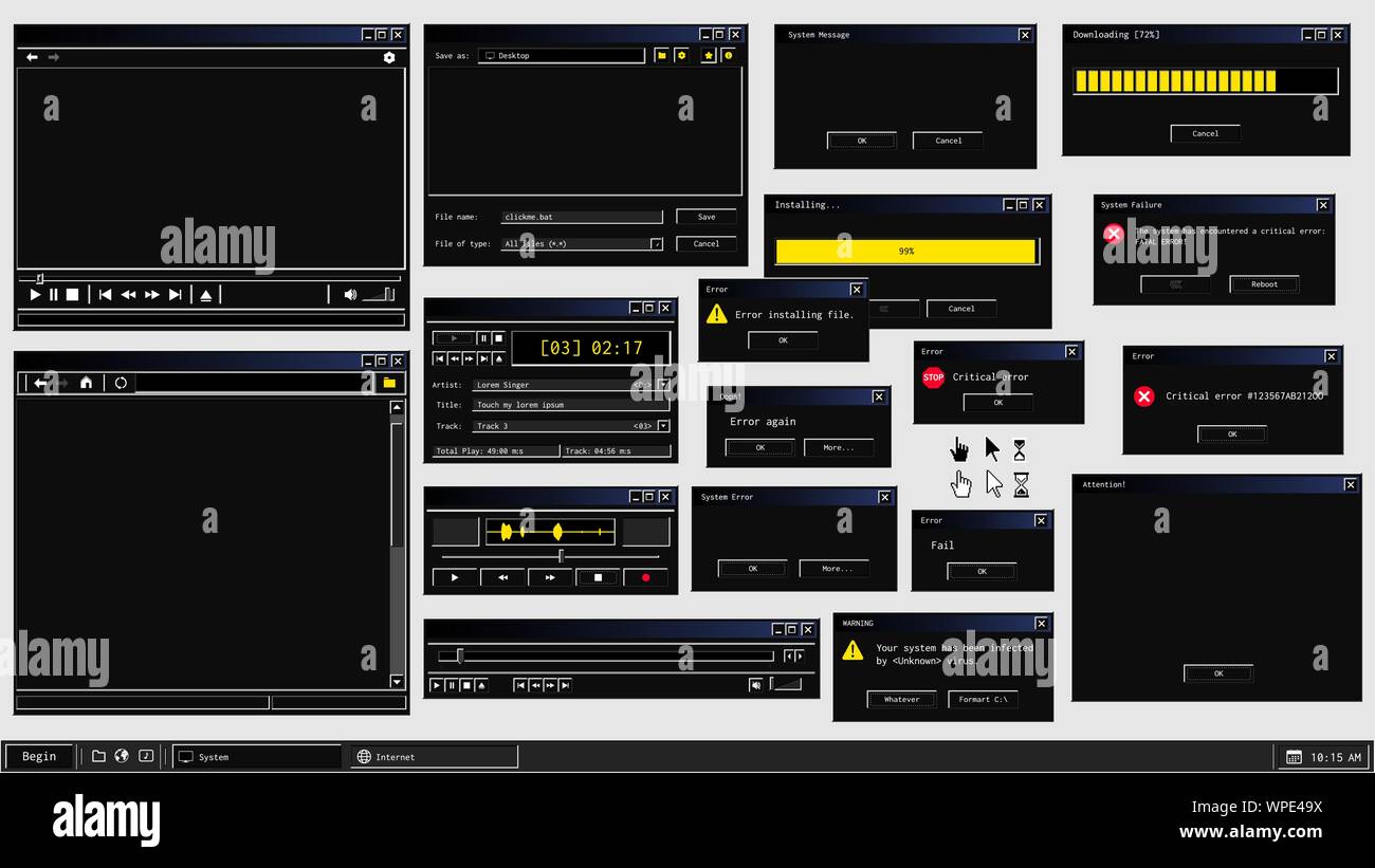 Set di retrò interfaccia utente di programmi software in modalità buia tema Illustrazione Vettoriale