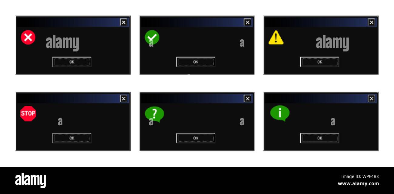 Set di un sistema retrò finestra di dialogo e messaggi di errore popup di Windows in modalità buia tema Illustrazione Vettoriale