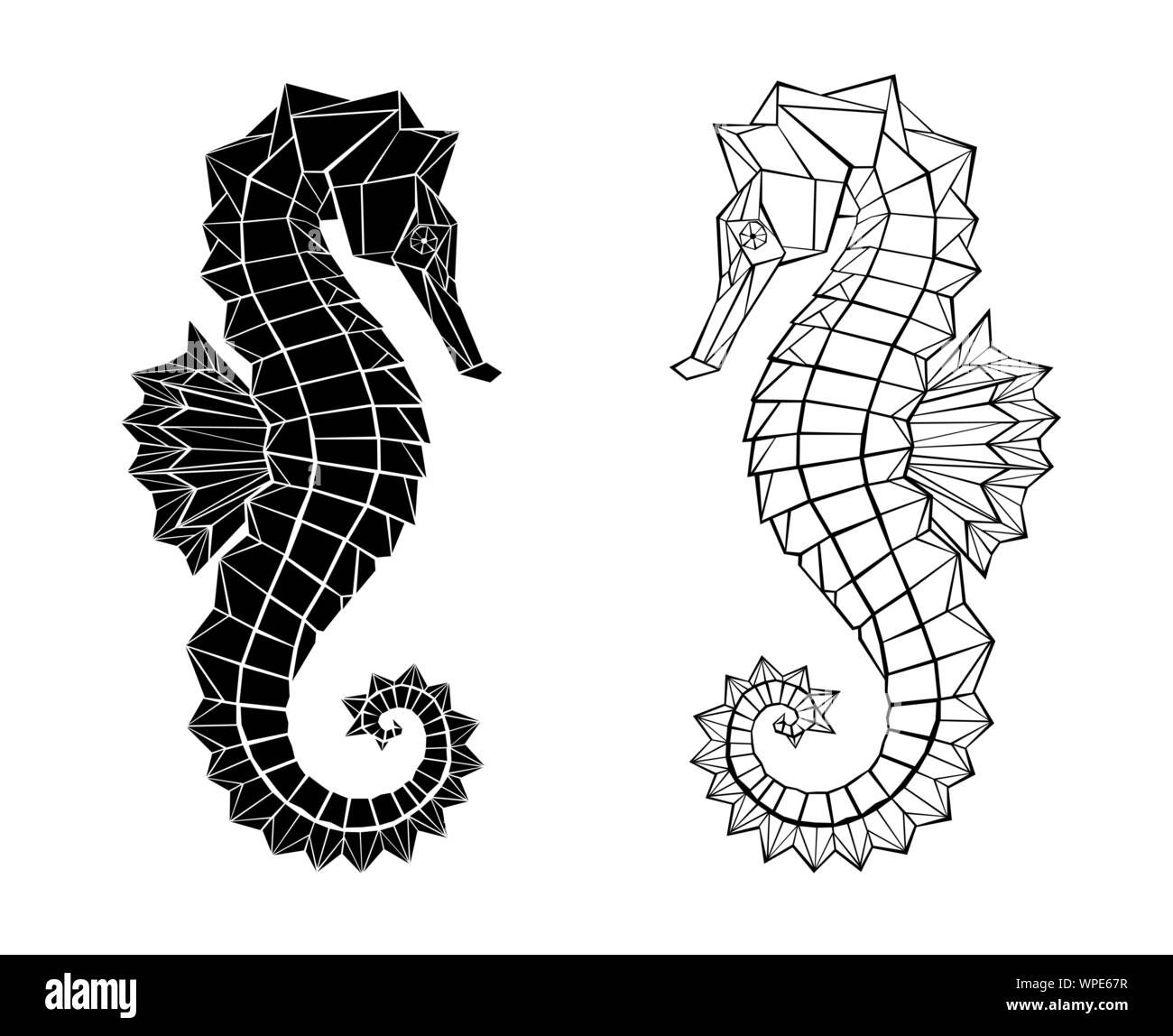 Due poligonale, nero, cavallucci marini di contorno disegnata in stile tatuaggio su sfondo bianco. Illustrazione Vettoriale