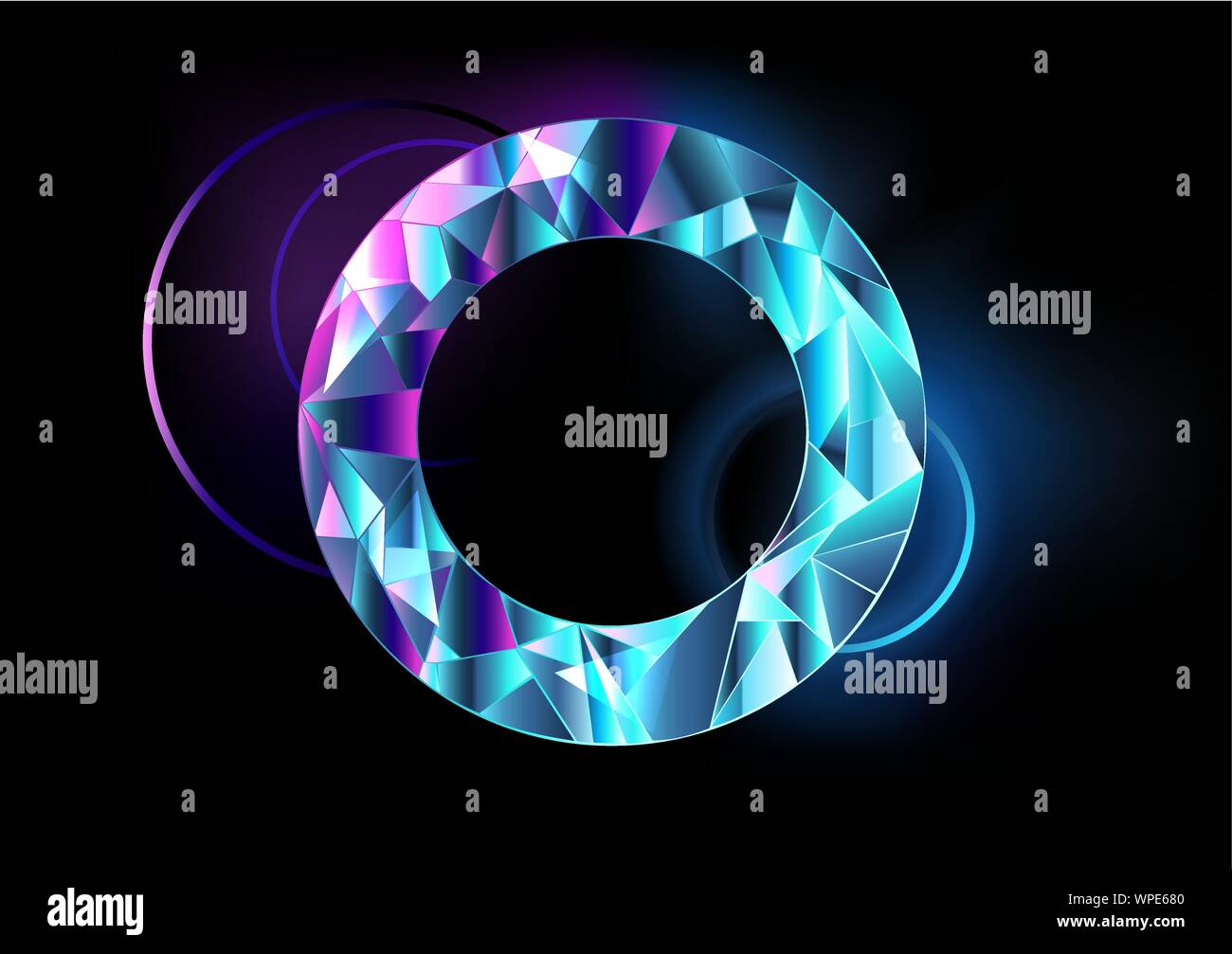Round, sfaccettata astratta, trasparente con banner blu e rosa luci al neon su sfondo nero. Illustrazione Vettoriale