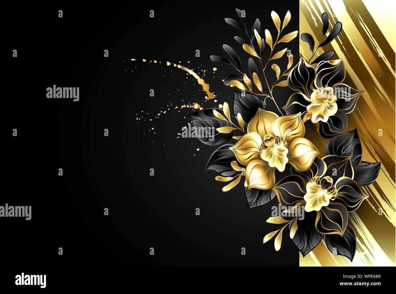 Design con oro, lamina testurizzata e nero, gioielli orchidee con piante ornamentali e foglie di colore nero su sfondo nero. Illustrazione Vettoriale