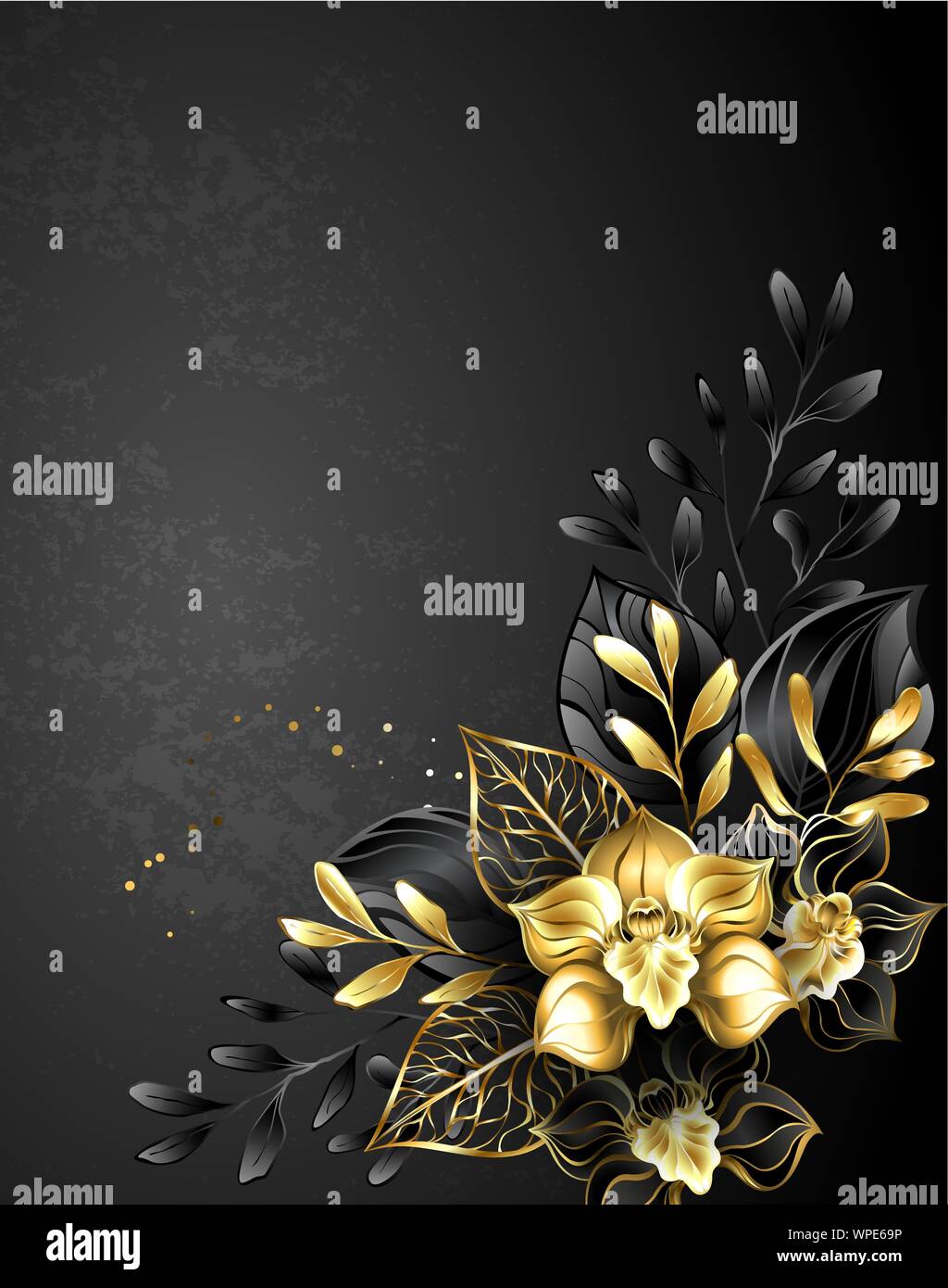 Composizione di gioielli in oro e due nero orchidee con piante ornamentali su sfondo nero. Illustrazione Vettoriale