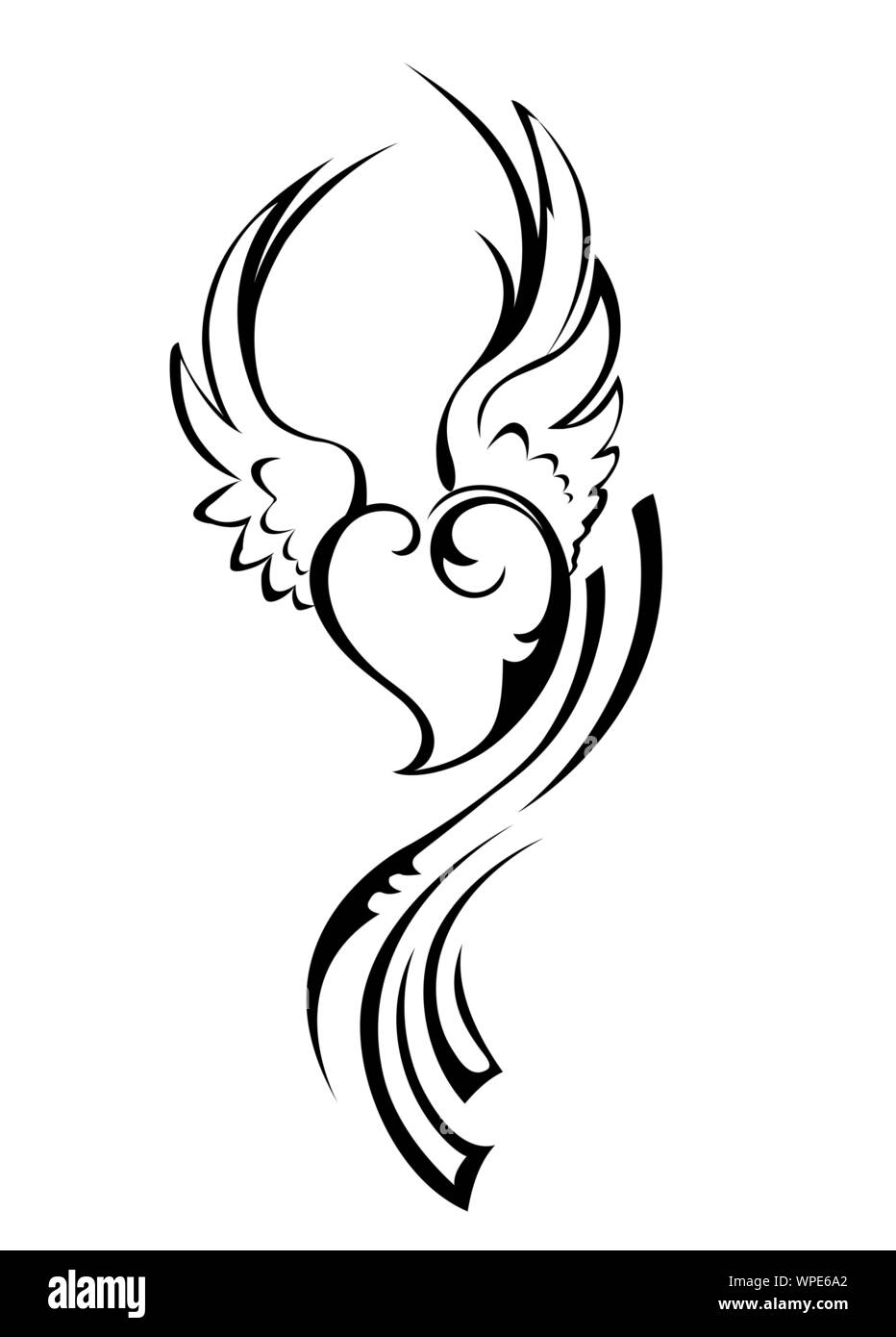 Angioletto cuore con le ali disegnate dal contorno nero in stile tatuaggio su sfondo bianco. Illustrazione Vettoriale