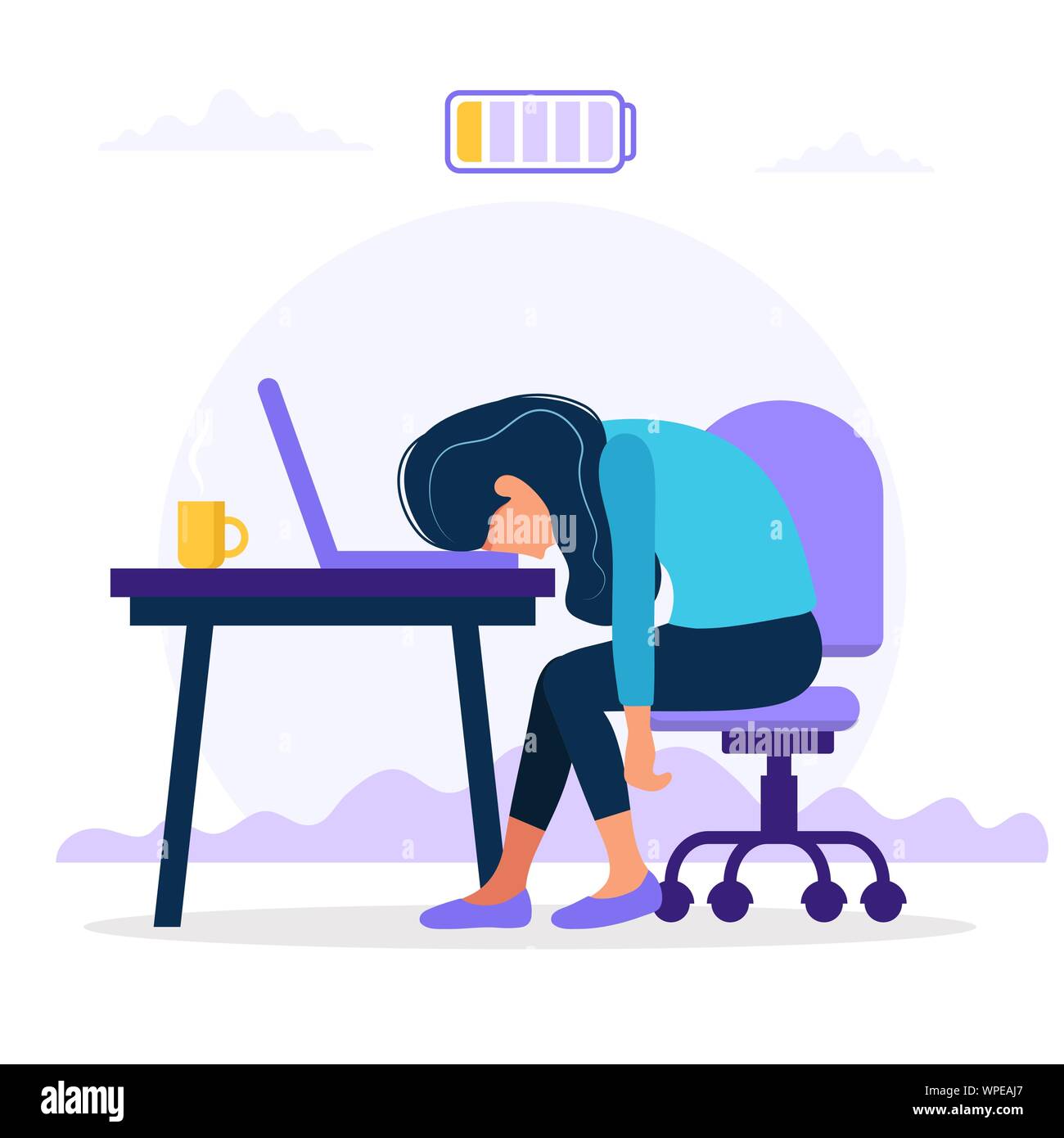 Concetto di Burnout illustrazione con femmina esausto lavoratore di ufficio  seduti a tavola con la batteria scarica. Lavoratore frustrato, problemi di  salute mentale Immagine e Vettoriale - Alamy