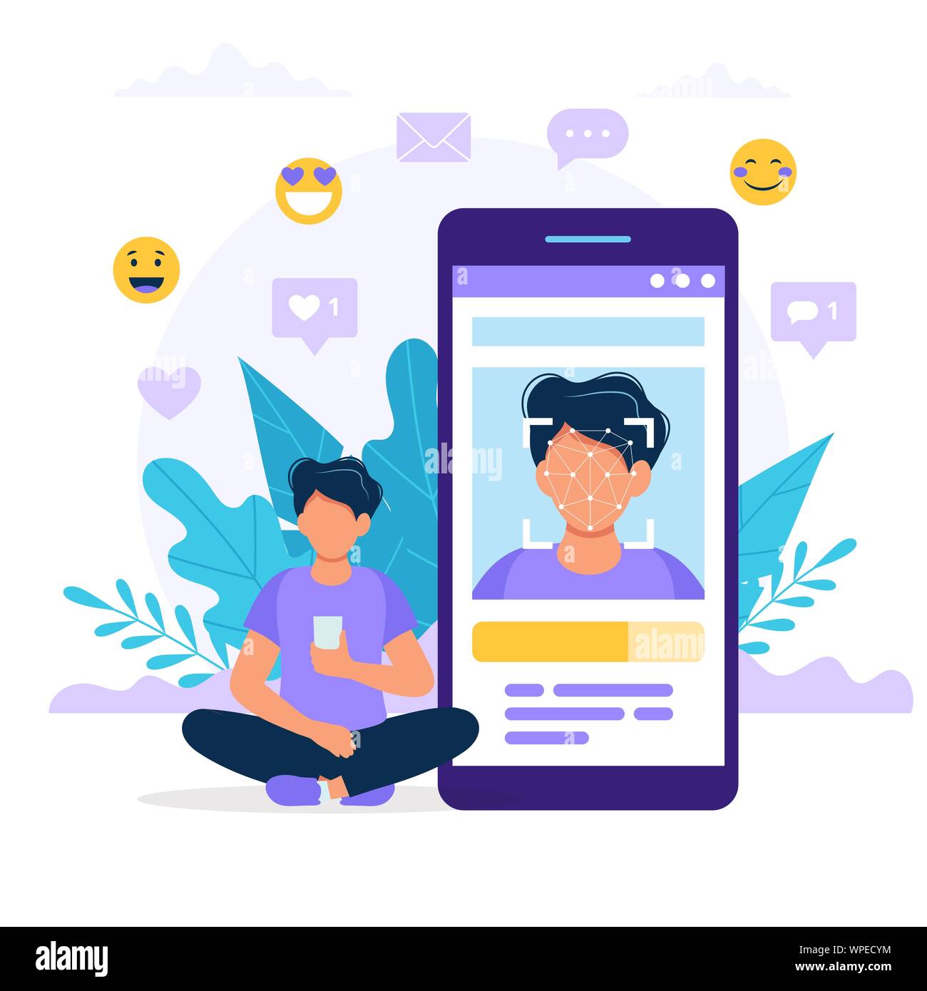La tecnologia di riconoscimento facciale, concetto illustrazione. Uomo seduto accanto a grandi smartphone con foto su di esso. Illustrazione Vettoriale in stile piatto Illustrazione Vettoriale