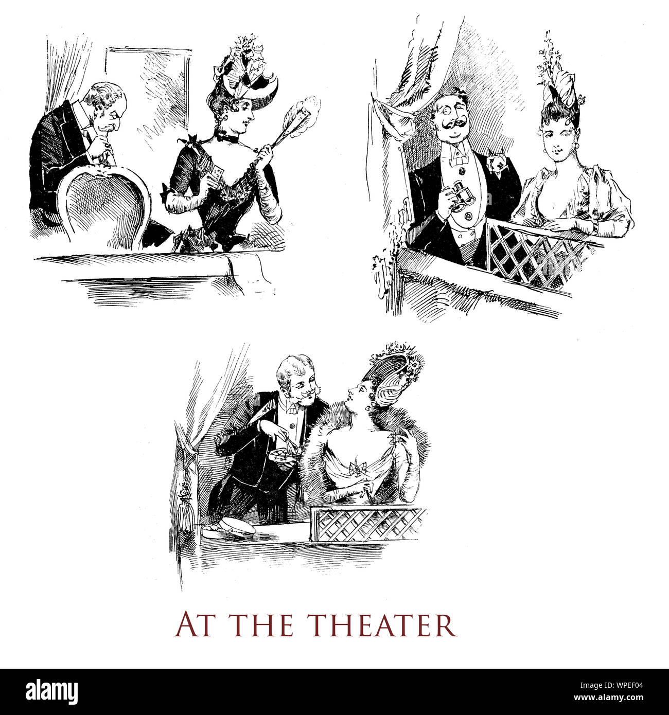 Umorismo e caricature: elegante si accoppia al teatro box, dal XIX secolo la rivista francese Foto Stock