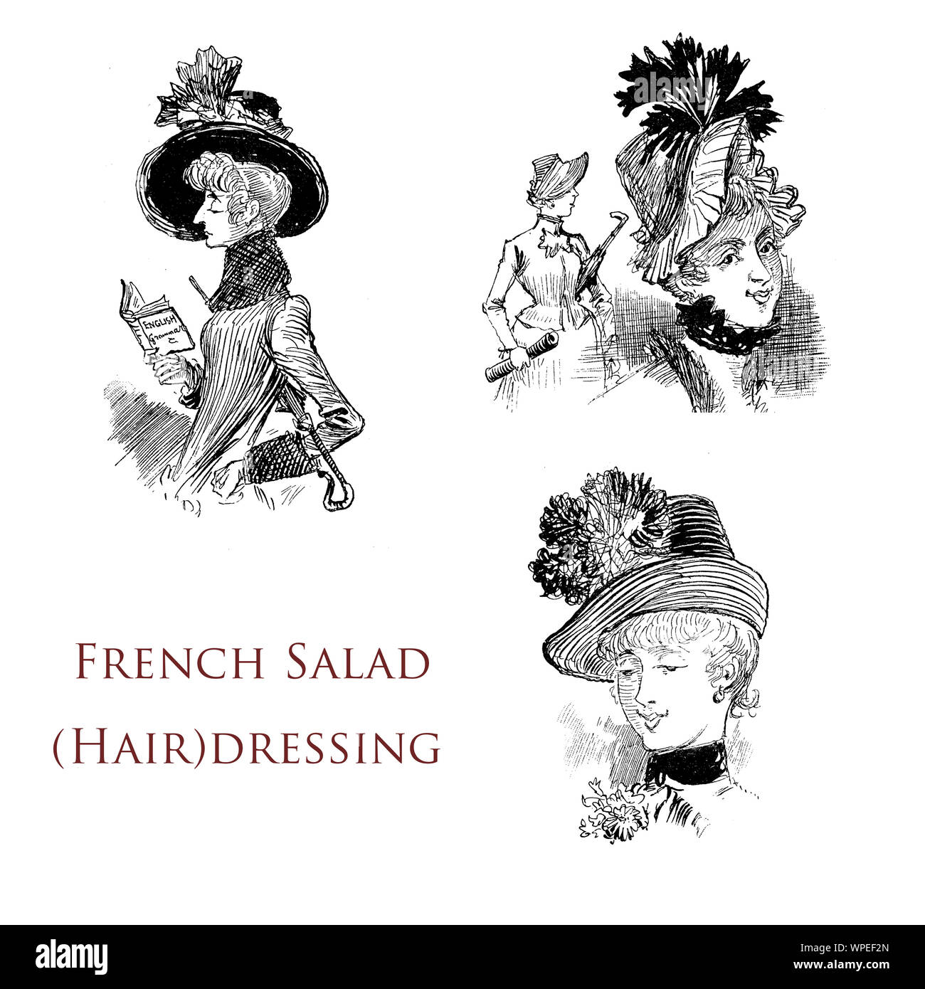 Umorismo e caricature - insalata francese di parrucchiere: moda cappelli, onorevoli colleghe con decori vegetali sulle loro teste Foto Stock