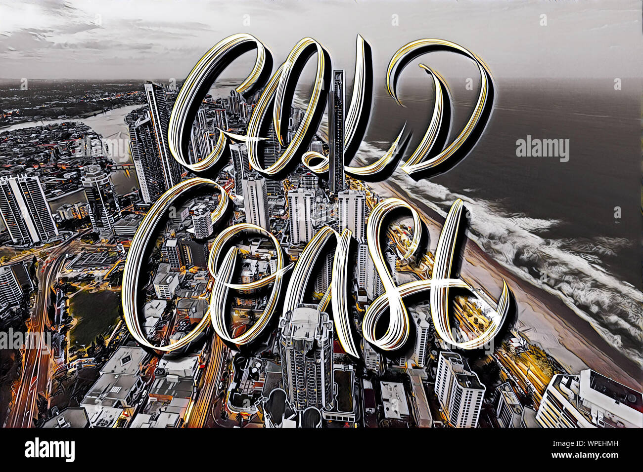 Costa Glold scritte su Surfers Paradise elevato aumento alberghi - opere d'arte digitale Foto Stock