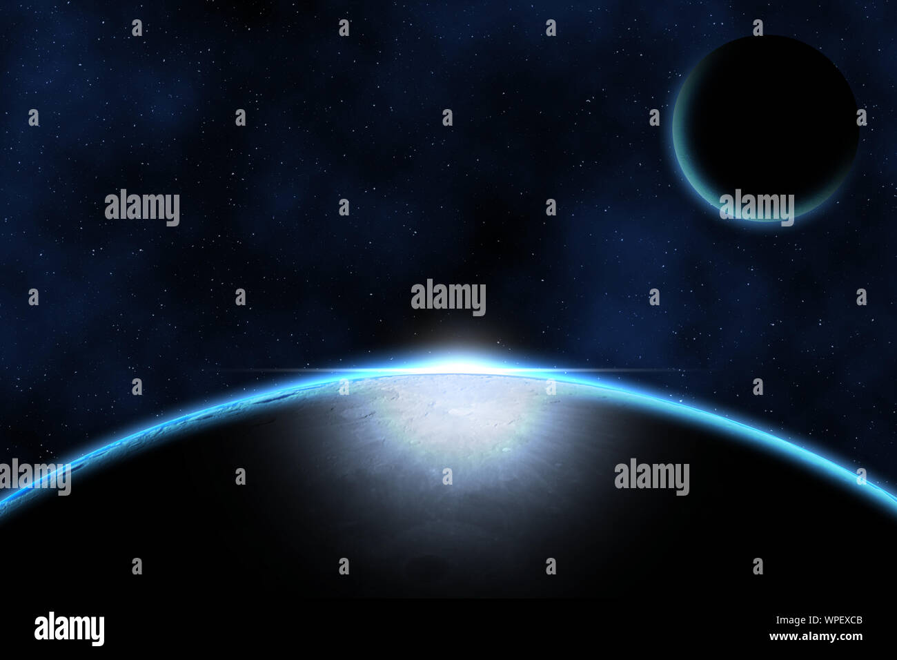 Gigante pianeta blu contro il cosmo stellato cielo, immagine di fantasia basato sulla luna amatoriale astrofotografia Foto Stock