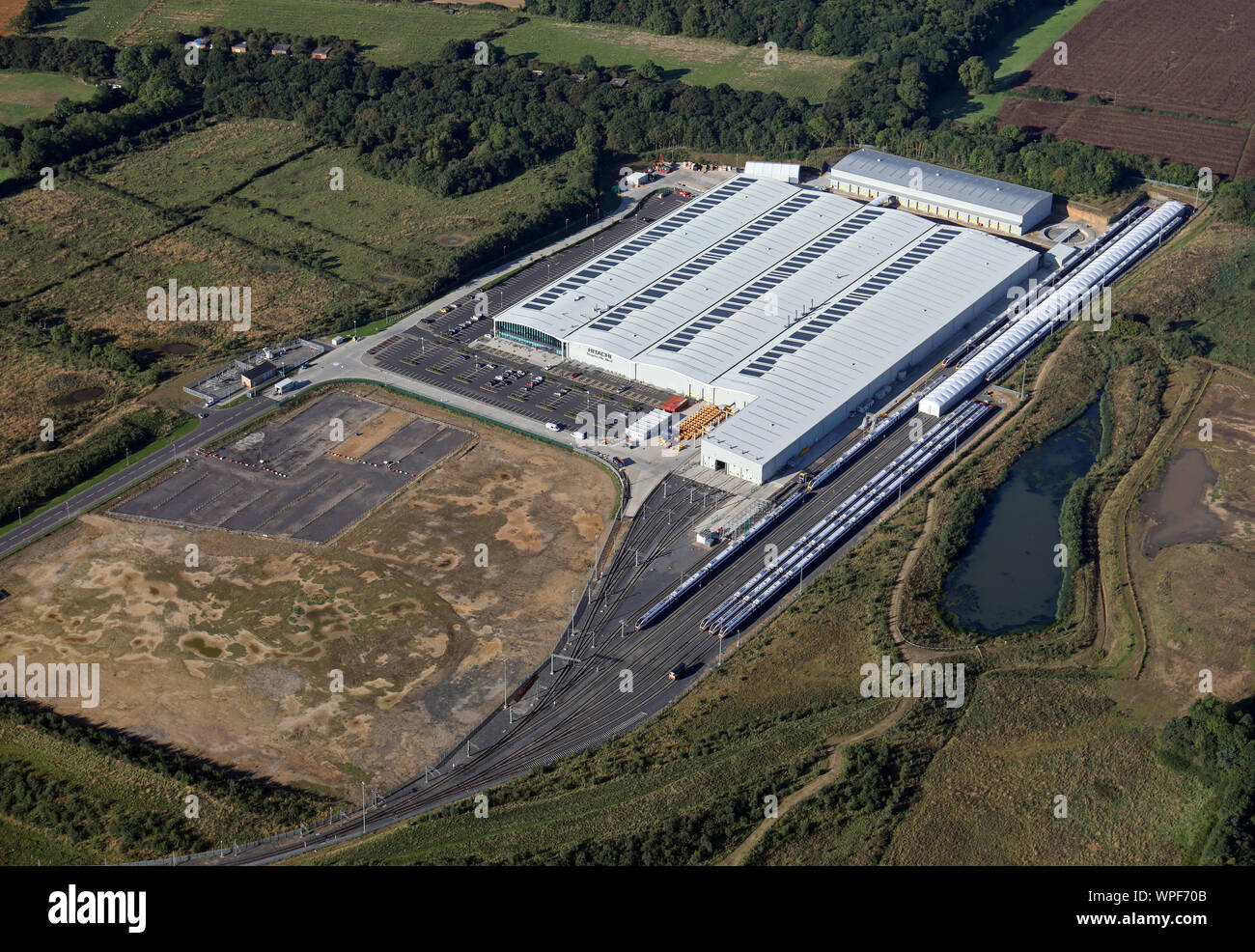 Vista aerea di Hitachi Rail Europe, treno fabbrica, Newton Aycliffe, County Durham, Regno Unito Foto Stock