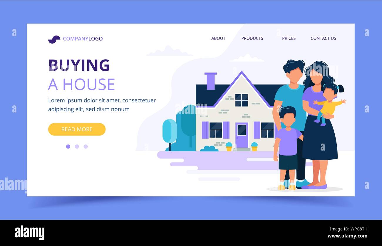La famiglia felice con la casa. Landing page per il modello ipotecario, comprare una casa, real estate concetto. Illustrazione Vettoriale in stile piatto Illustrazione Vettoriale