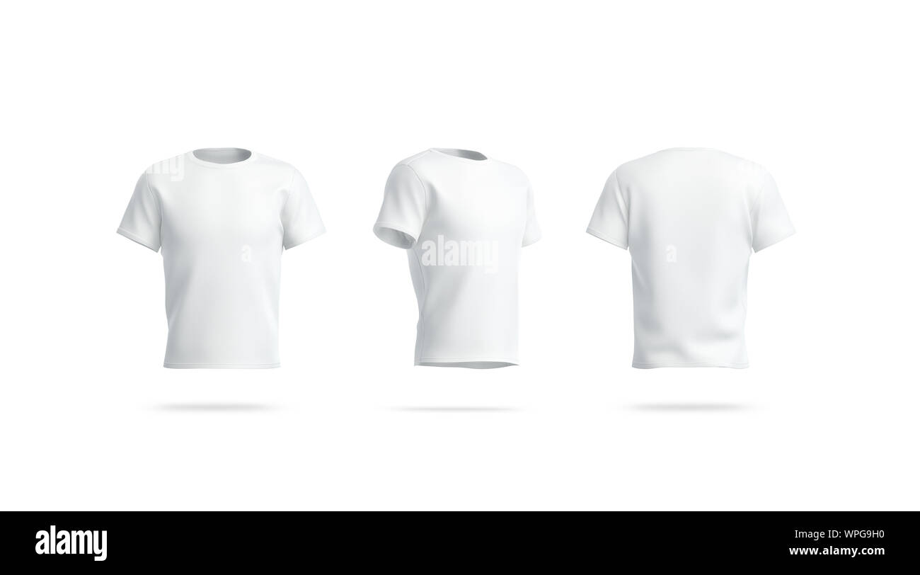 Tshirt bianca bianca bianca pulita, vista frontale, laterale e posteriore Foto Stock