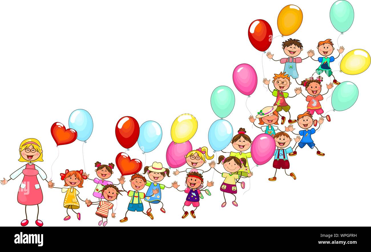 Gioiosi bambini piccoli e di un insegnante. Un gruppo di felice, sorridente i bambini con palloncini. Un gruppo di bambini con un insegnante in una passeggiata. Il gruppo di allegro, s Illustrazione Vettoriale