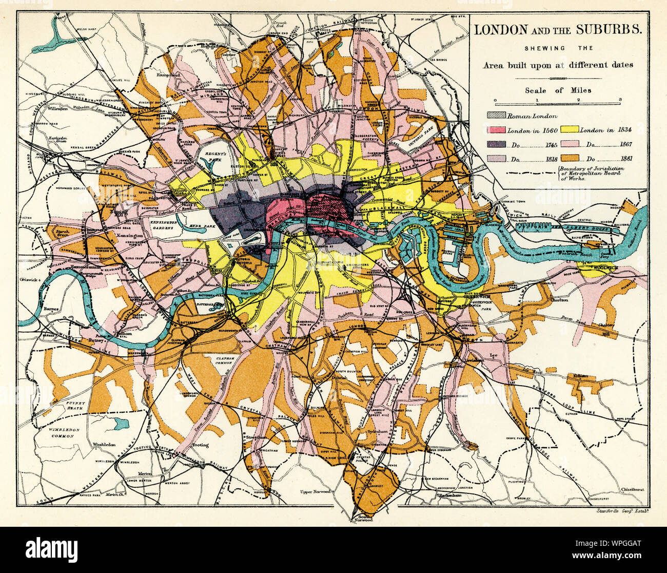 Mappa di Londra e i sobborghi e quando essi sono stati costruiti, secolo XIX Foto Stock