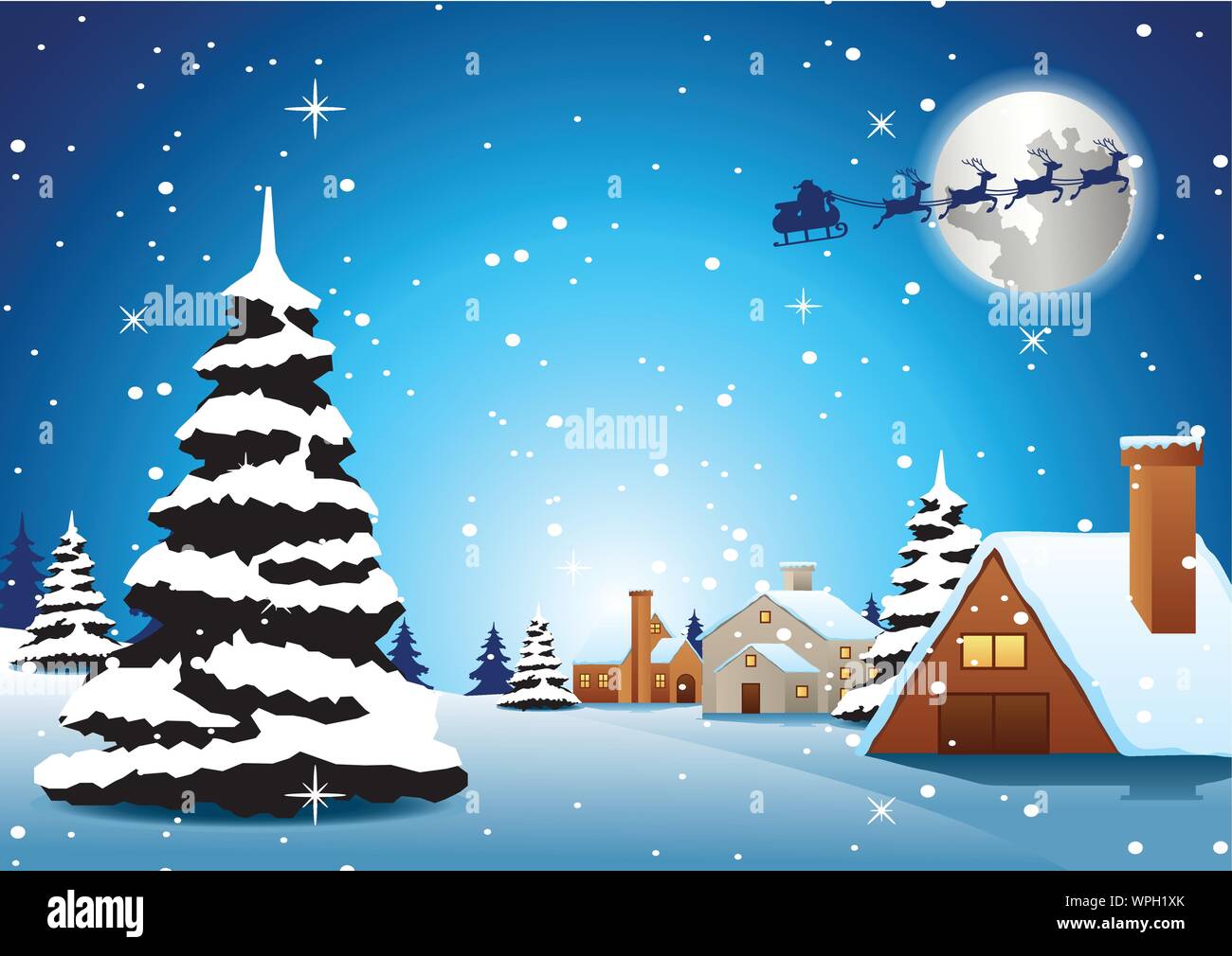 Village sono sulla notte di natale e santa volare lontano per inviare dono a tutti,illustrazione vettoriale Illustrazione Vettoriale