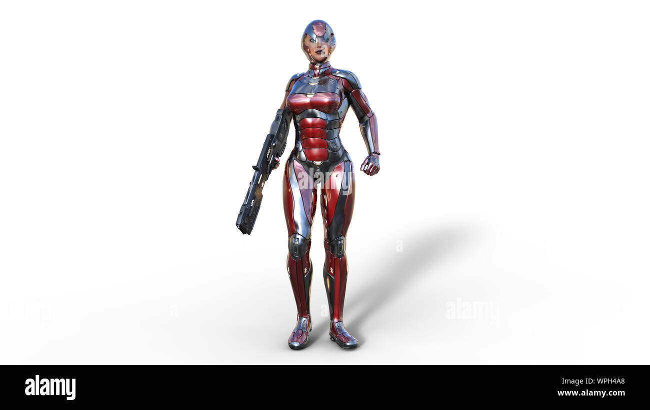 Il futuristico android soldato donna in bulletproof armor, militare ragazza cyborg armati con sci-fi pistola fucile in piedi su sfondo bianco, rendering 3D Foto Stock