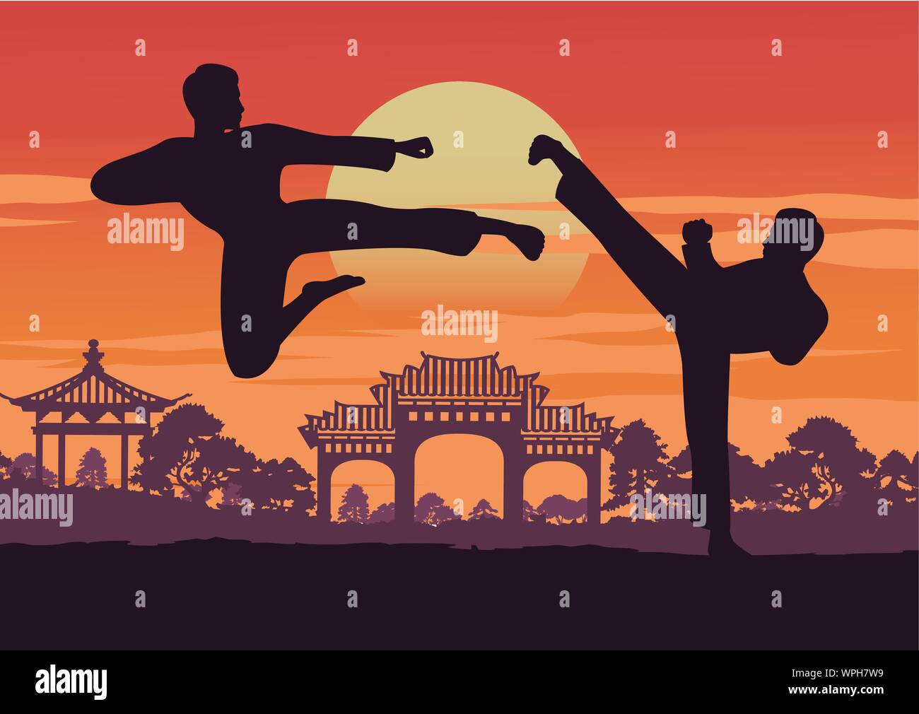 Due uomini di tae kwon do del treno vicino a punto di riferimento di Corea,famoso arti marziali del mondo,illustrazione vettoriale Illustrazione Vettoriale