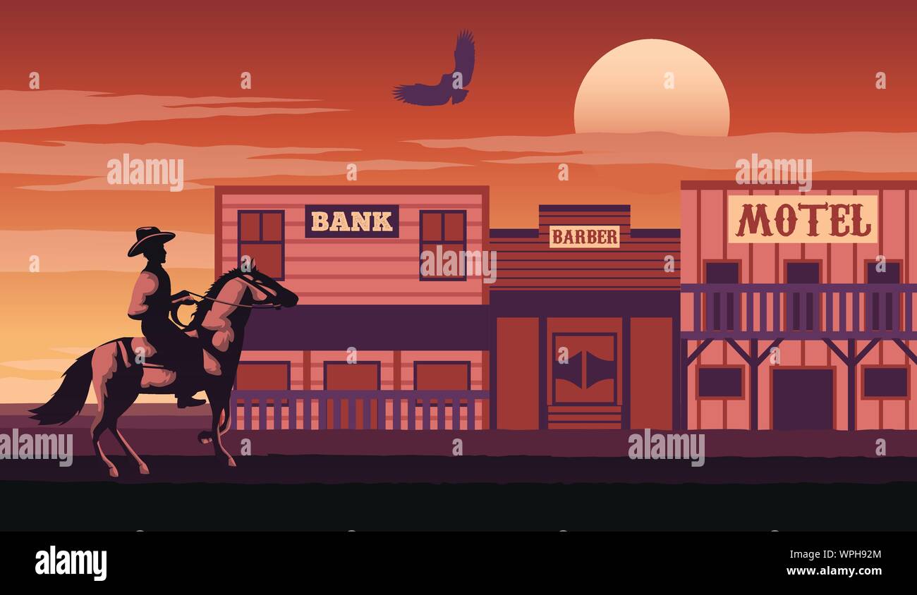 Silhouette e paesaggi monocromatici cowboy venite a cowboy village sul tramonto del tempo,rosso vintage stile colore,illustrazione vettoriale Illustrazione Vettoriale
