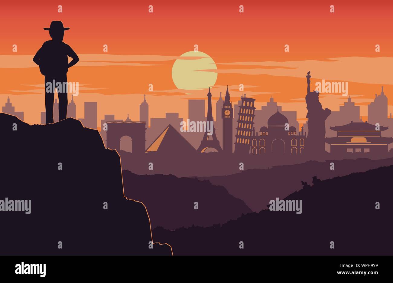 Adventurer sostare sulla cima del monte e guardare al punto di riferimento mondiale in anticipo sul tramonto del tempo,silhouette design,illustrazione vettoriale Illustrazione Vettoriale