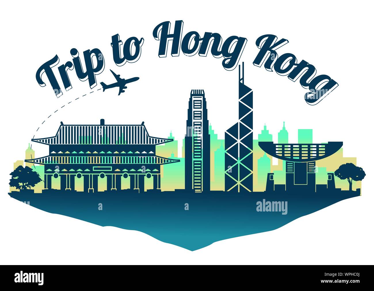 Hong Kong famoso segno distintivo stile silhouette sull isola galleggiante,viaggi e turismo,blu scuro colore verde,illustrazione vettoriale Illustrazione Vettoriale