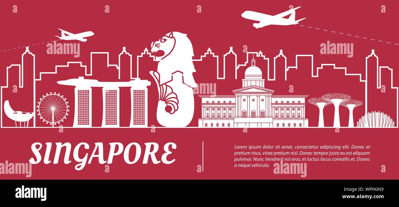 Singapore famoso silhouette con il rosso e bianco colore design,illustrazione vettoriale Illustrazione Vettoriale
